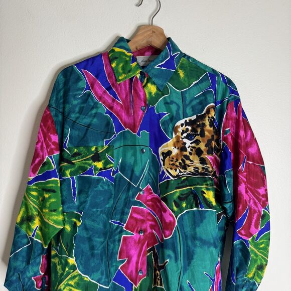 Vtg Adam Douglass Shirt ladies S Multicolor Silk Jaguar Animal Print 90s retro - Picture 2 of 6